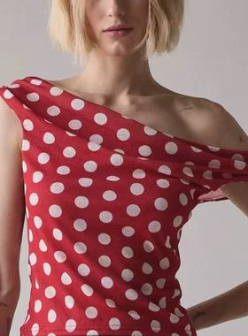 美国小众设计uo同款红色波点多种穿法露肩斜肩弹力无袖上衣