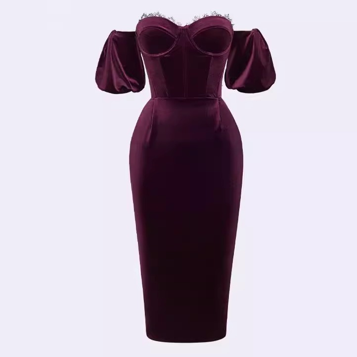 泰国设计鱼骨露肩抹胸丝绒连衣裙