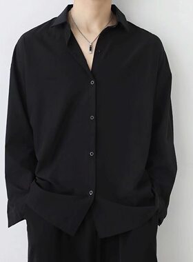 黑色高级感休闲长袖衬衫男士春季痞帅感上衣外套男装冰丝白衬衣男