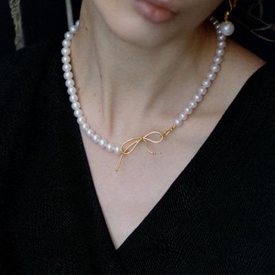 Orchid22蝴蝶结天然珍珠项链18k金复古气质高级感颈链锁骨链精致