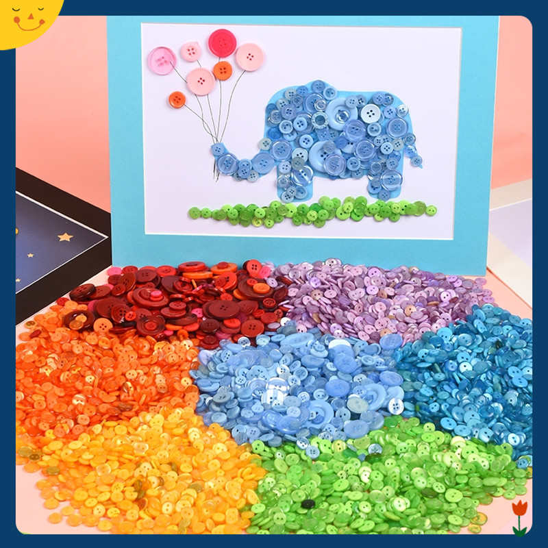 彩色纽扣扣子儿童手工diy材料制作多彩圆形幼儿园创意花钮扣画