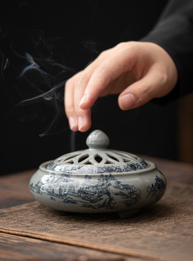 古陶泥香炉 青花仿古陶瓷盘香工艺品熏香摆件香薰炉家居香插香道