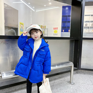 冬装 克莱因蓝女童羽绒服儿童中长款 洋气中大童白鸭绒外套 新款 反季