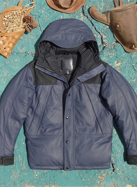 出口剩余连帽保暖御寒羽绒服深蓝色磨砂小羊皮+沁油黑羊皮加厚款