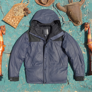 出口剩余连帽保暖御寒羽绒服深蓝色磨砂小羊皮 沁油黑羊皮加厚款