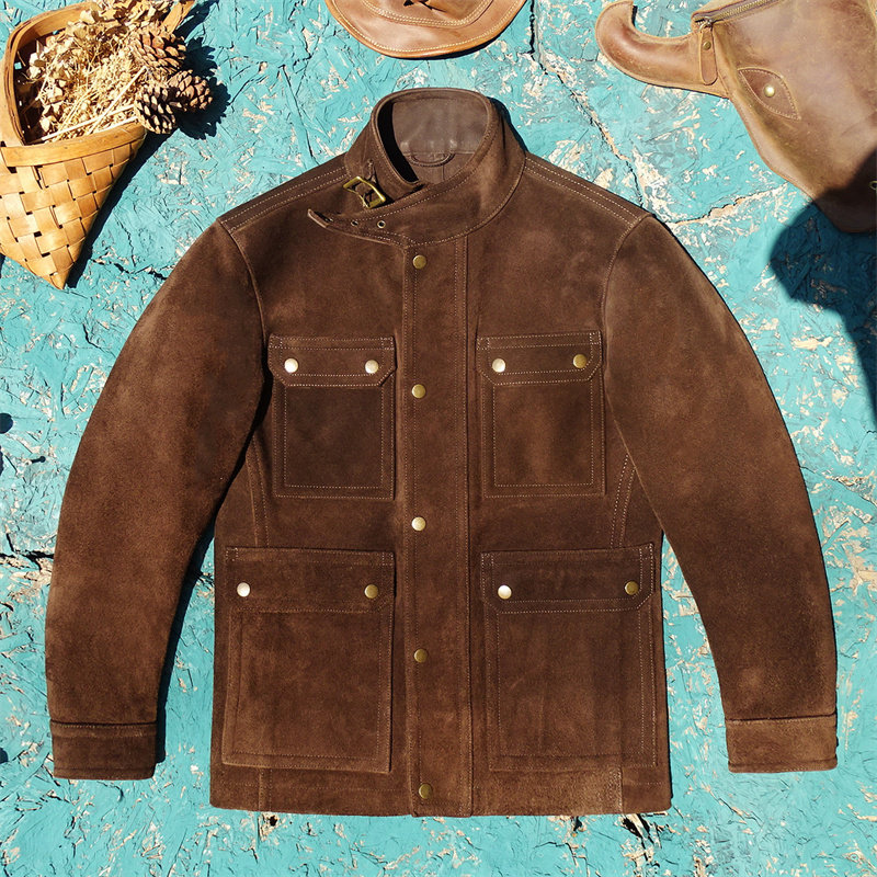 出口剩余！美产重磅粗犷头层反绒牛皮真皮皮衣男探险者猎装多口袋