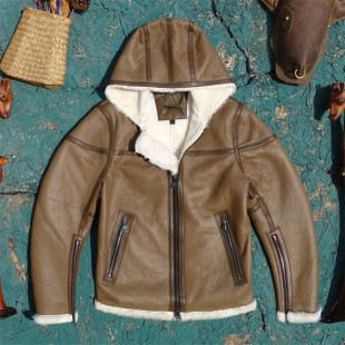 出口米国剩余卡其棕土耳其进口羊皮毛一体真皮皮衣男连帽保暖款