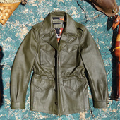 墨绿色硬挺植鞣牛皮真皮皮衣男帅气修身 M43猎装 多口袋风衣版 男