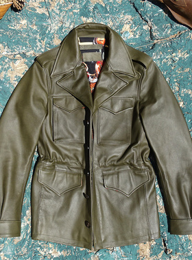 M43猎装多口袋风衣版！墨绿色硬挺植鞣牛皮真皮皮衣男帅气修身男