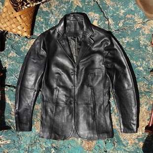 立体抓皱纹进口绵羊皮真皮皮衣男手缝挂钩西服西装 出口美国轻奢