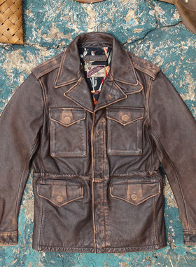 茶芯擦色石磨做旧头层牛皮真皮皮衣男美式复古M43野战猎装风衣款