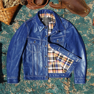仿牛仔布纹理！顶奢牛皮真皮皮衣男风暴骑士牛仔男机车外套上衣