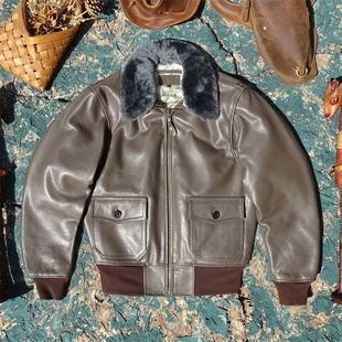 海航G1可拆毛领飞行!硬挺植鞣头层牛皮真皮皮衣男款宽松版皮夹克