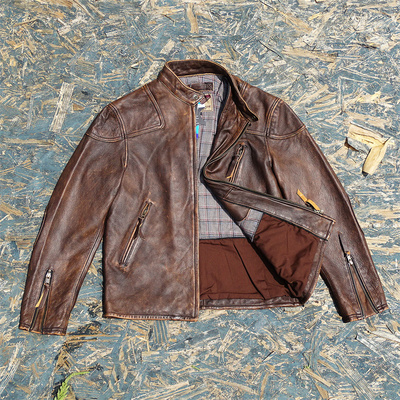 茶芯擦色小牛皮毒液同款立领