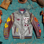 出口韩国剩余 美产自然摔纹全粒面厚牛皮灰红撞色多标棒球服男女