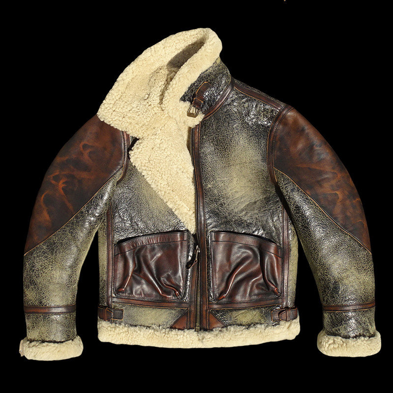 棕绿色重水洗做旧超厚龟裂做旧进口羊皮毛一体真皮皮衣男双兜巴顿