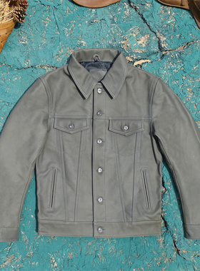 仅15件！风暴骑士机车牛仔深灰色哑光油蜡进口牛皮真皮皮衣男夹克