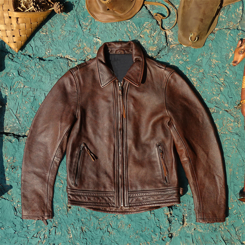 工厂 甩货！石墨做旧红棕茶心头层牛皮真皮皮衣男翻领小燕尾机车