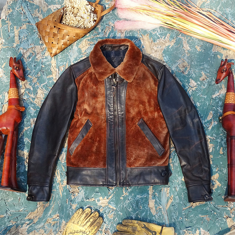 皮毛一体+茶马皮撞色拼接马皮衣