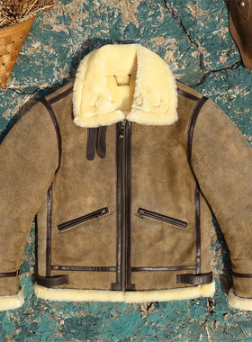 福利款！浅棕色龟裂做旧+奶油毛羊皮毛一体真皮皮衣男拉链B3飞行