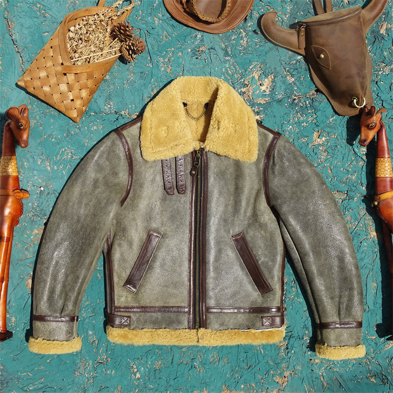 卡其棕绿色皮面+奶油毛！羊皮毛一体真皮皮衣男B6保暖御寒飞行服