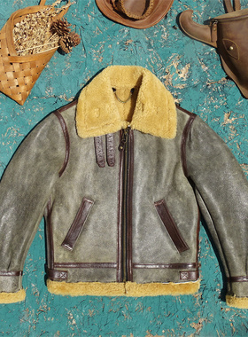 卡其棕绿色皮面+奶油毛！羊皮毛一体真皮皮衣男B6保暖御寒飞行服