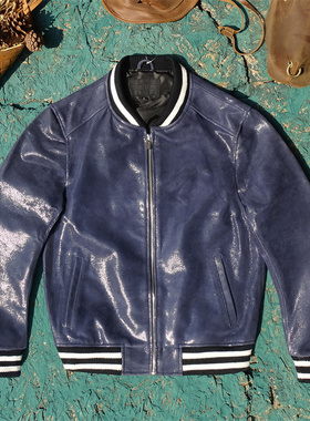 仅10件！蓝色格纹头层厚羊皮真皮皮衣男女白螺纹时尚款棒球服