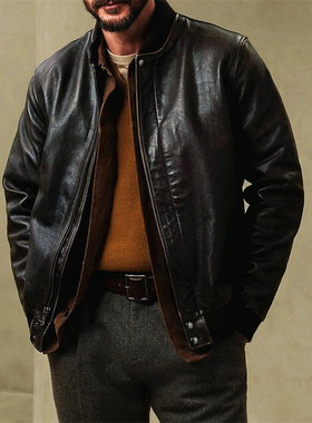 出口米国600刀！意大利Monte茶芯牛皮真皮皮衣男士擦色做旧棒球服