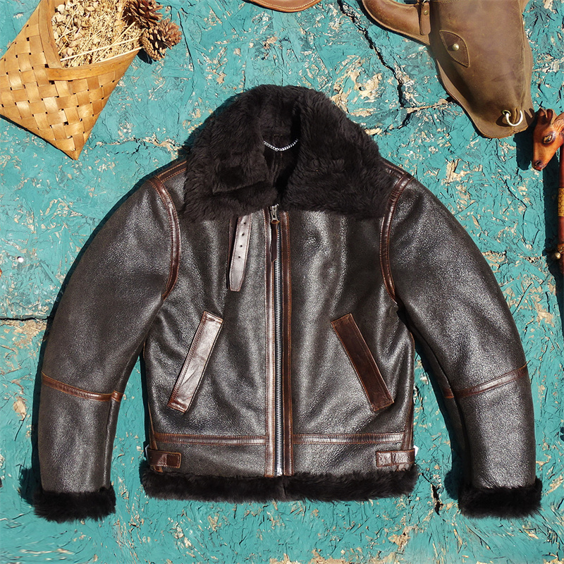 黑棕色B6飞行服款！头层羊皮毛一体真皮皮衣男黑棕色保暖舒适御寒