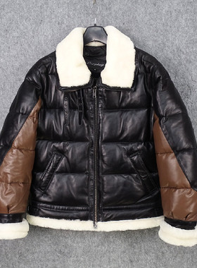 B3款羽绒服拼白色羊皮毛一体意大利进口植鞣高亮小牛皮保暖舒适款