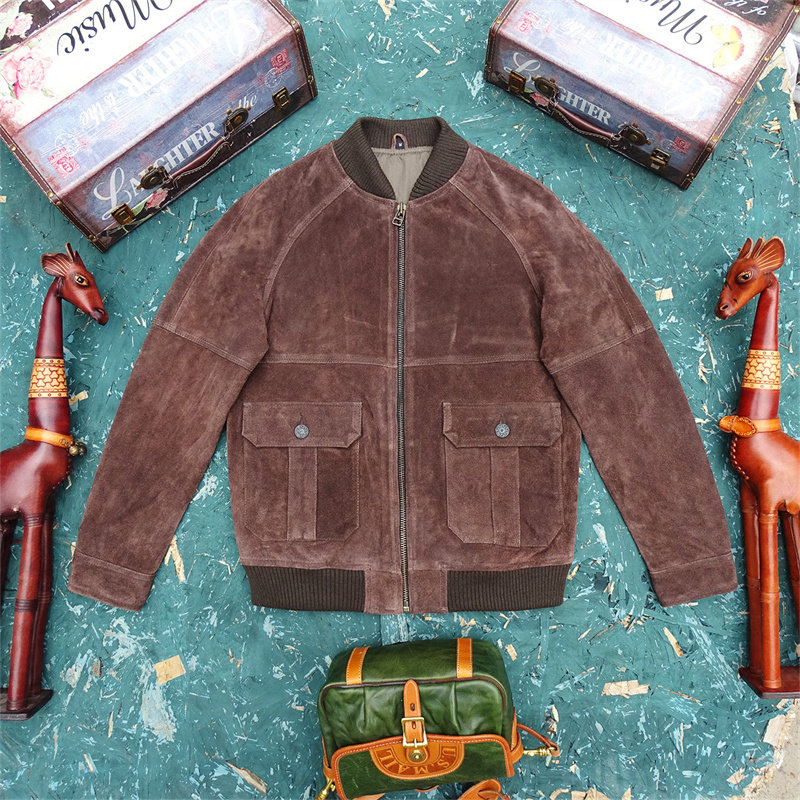 前40件3折绒面复古棕色老牛皮真皮衣男棒球服插肩袖大口袋休闲款