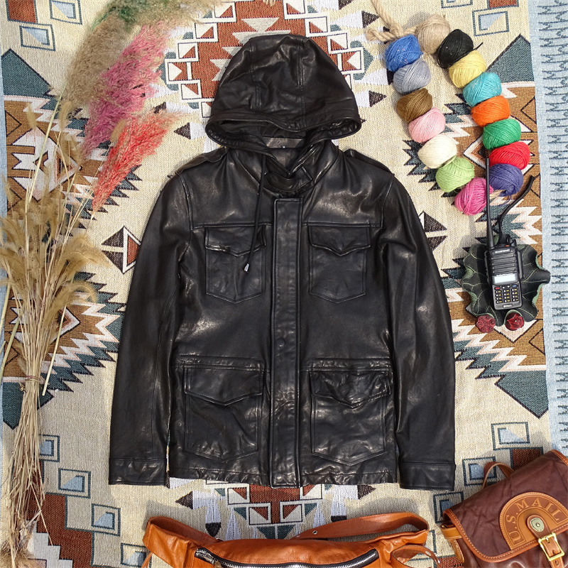 可拆卸帽！黝黑亮泽植鞣绵羊皮真皮皮衣男可拆卸帽子猎装款立体兜