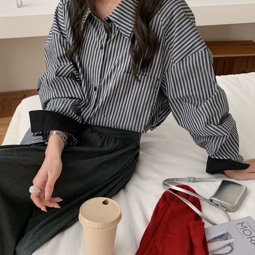 黑白条纹衬衫女宽松韩版慵懒风图片