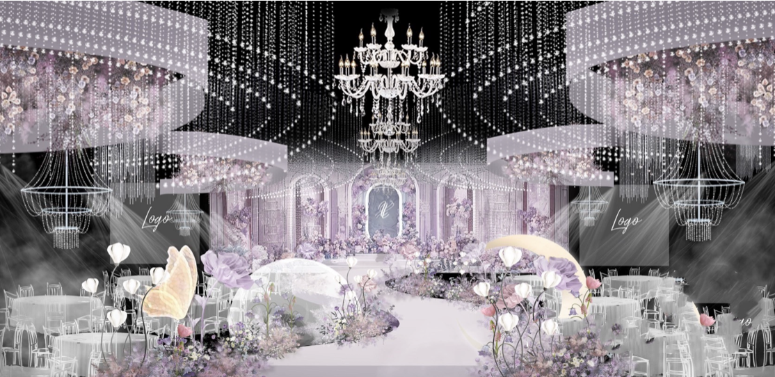 紫色白紫色法式花园水晶花艺吊顶高级浪漫花园风婚礼效果图ps素材