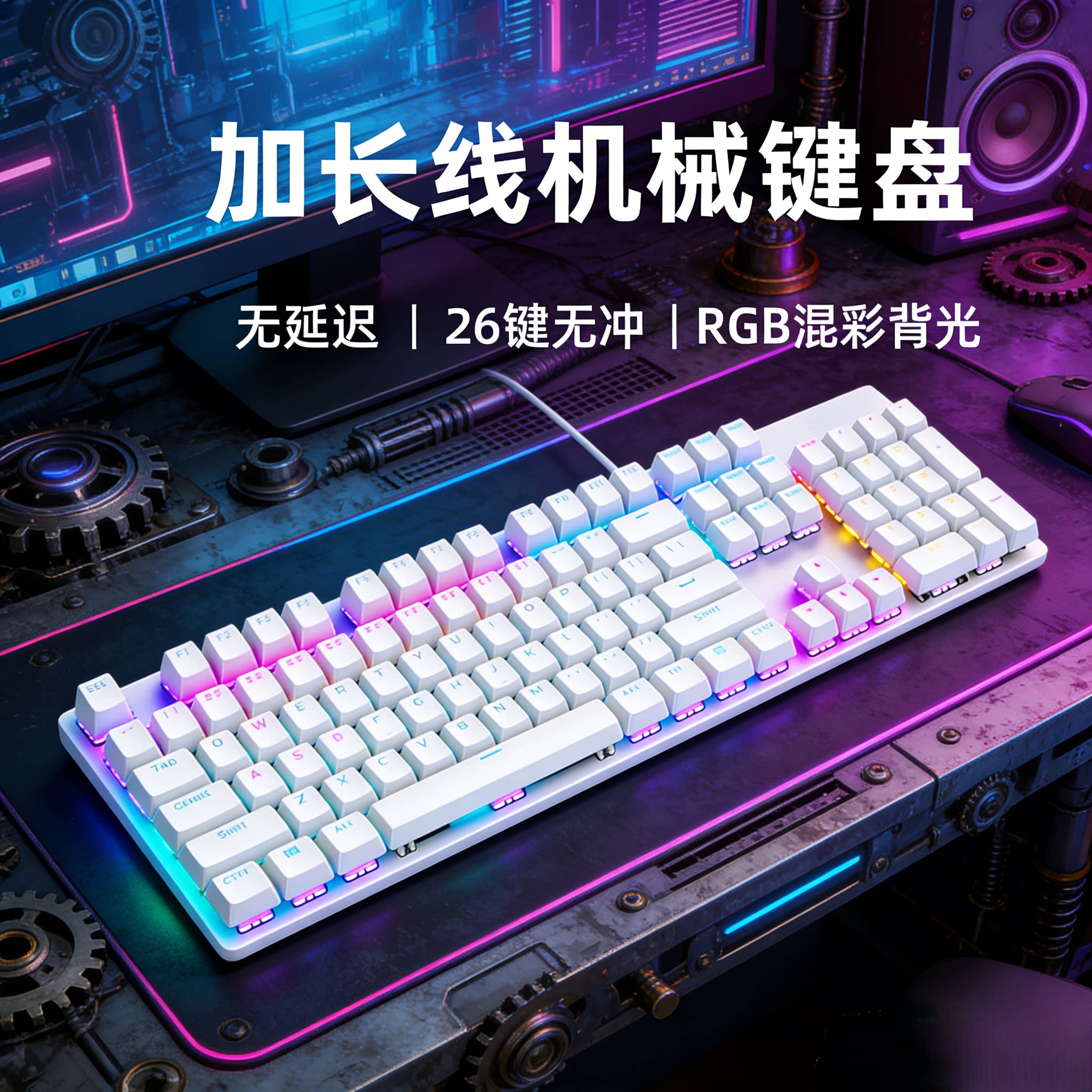 机械键盘白色加长线2/3/5/10米104键背光电竞办公吃鸡游戏