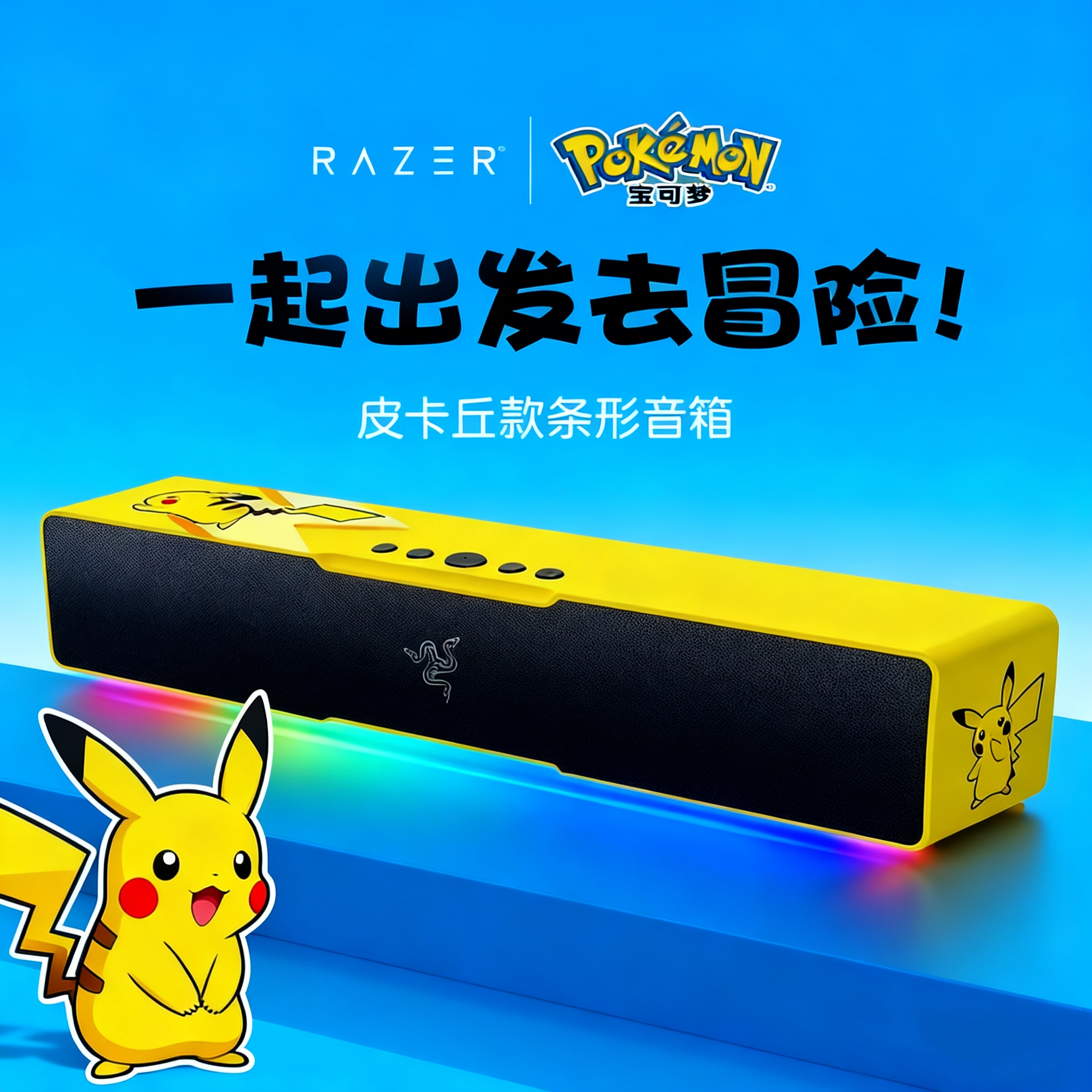 Razer宝可梦皮卡丘款条形蓝牙电脑桌面利维坦V2 X音箱RGB灯效
