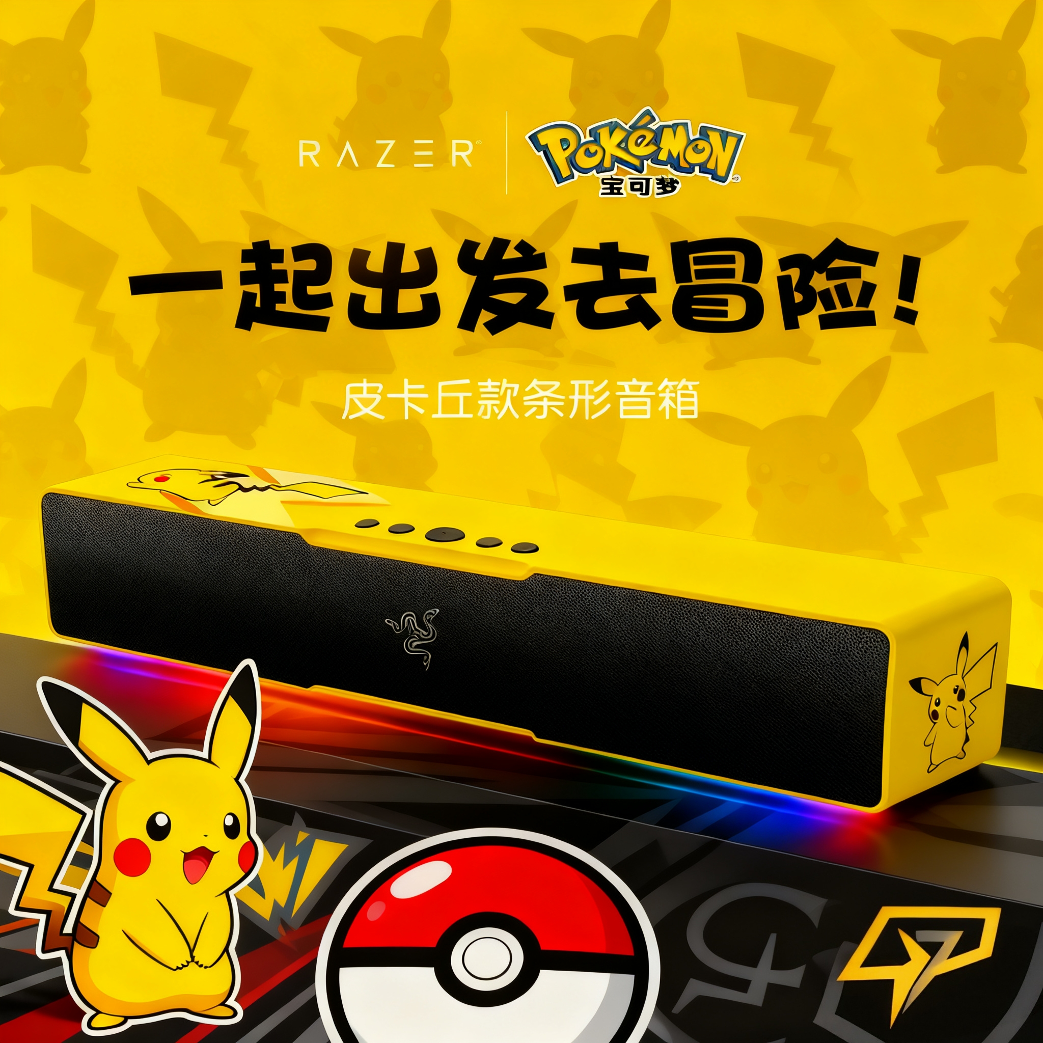 宝可梦Razer皮卡丘款条形蓝牙电脑桌面利维坦V2 X音箱RGB灯效