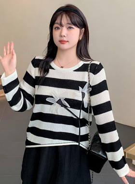 大码女装立体花朵设计感长袖上衣2025秋胖mm显瘦条纹针织衫22653