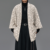 夹克外套 男春秋日系复古仿蛇皮纹宽松杏色道袍男士 中长款 道袍开衫
