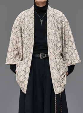 中长款道袍开衫男春秋日系复古仿蛇皮纹宽松杏色道袍男士夹克外套