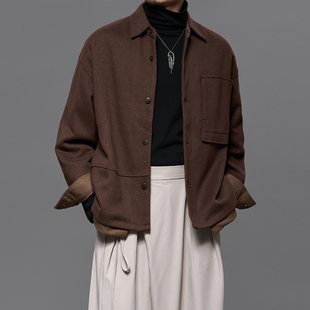 高品质 加厚夹棉衬衫式外套夹克男士秋冬季宽松日系复古咖色衬衣