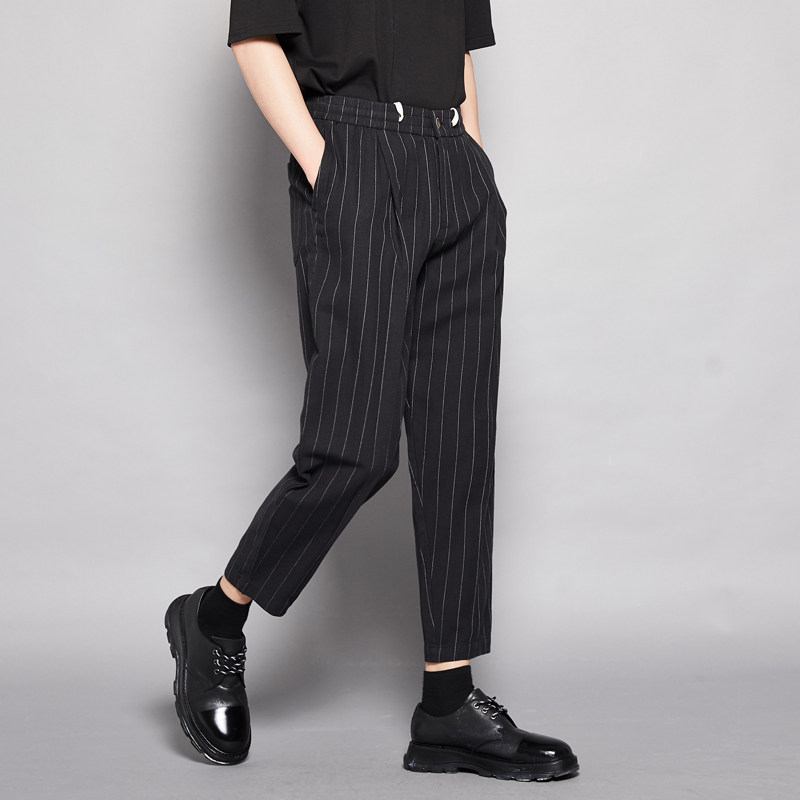 夏特别推荐款 港风复古条纹日系九分英伦百搭修身小脚休闲裤男裤