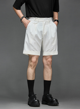 高品质泡泡纱面料 简约时尚COS潮男五分裤英伦白色休闲西装短裤男