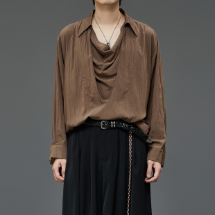 堆堆领衬衫日系复古咖啡色设计宽松个性长袖男女中性秋季剪裁衬衣