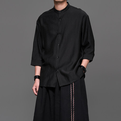 新中式立领七分袖复古男生衬衫