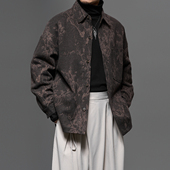 秋冬宽松日系复古印花咖色棉衣外套 夹克男士 高品质加厚夹棉衬衫 式