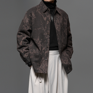 高品质加厚夹棉衬衫式夹克男士秋冬宽松日系复古印花咖色棉衣外套