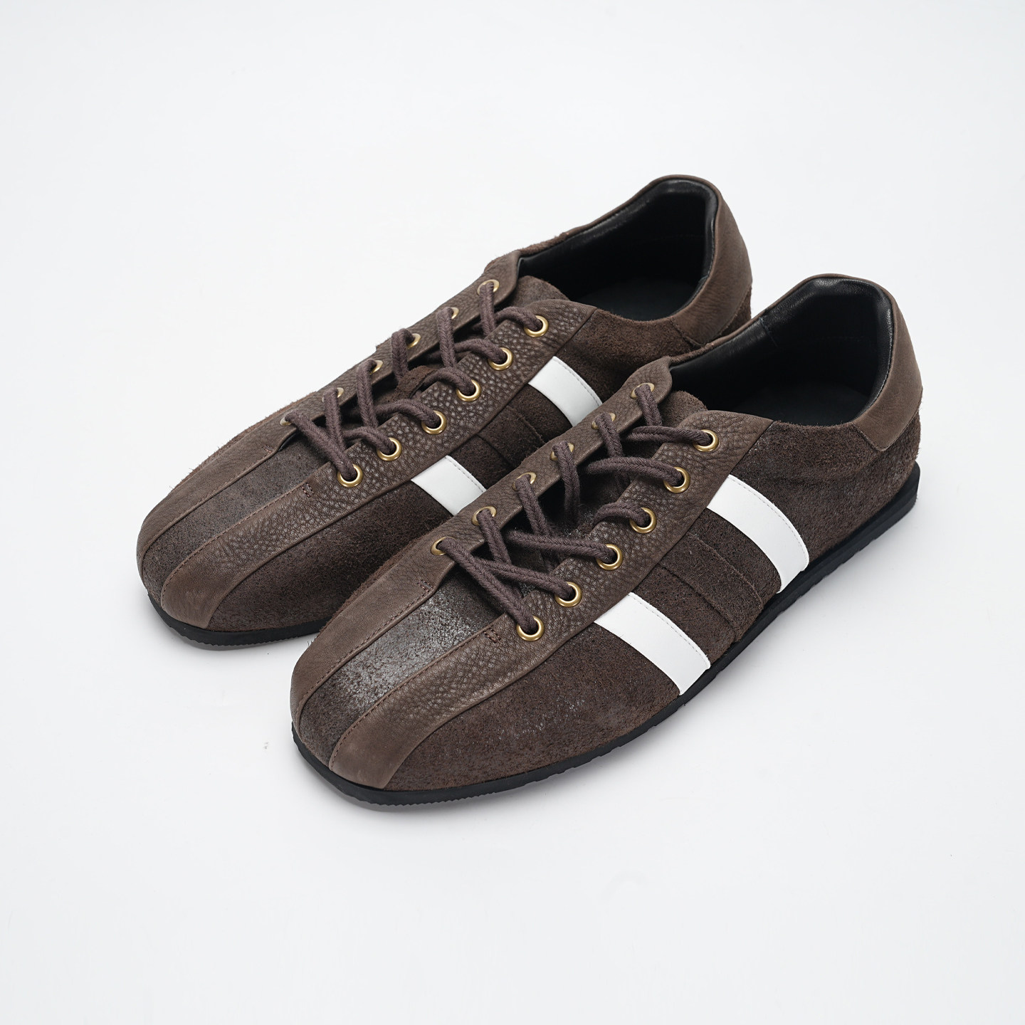 真牛皮日系复古咖啡色德训薄底鞋