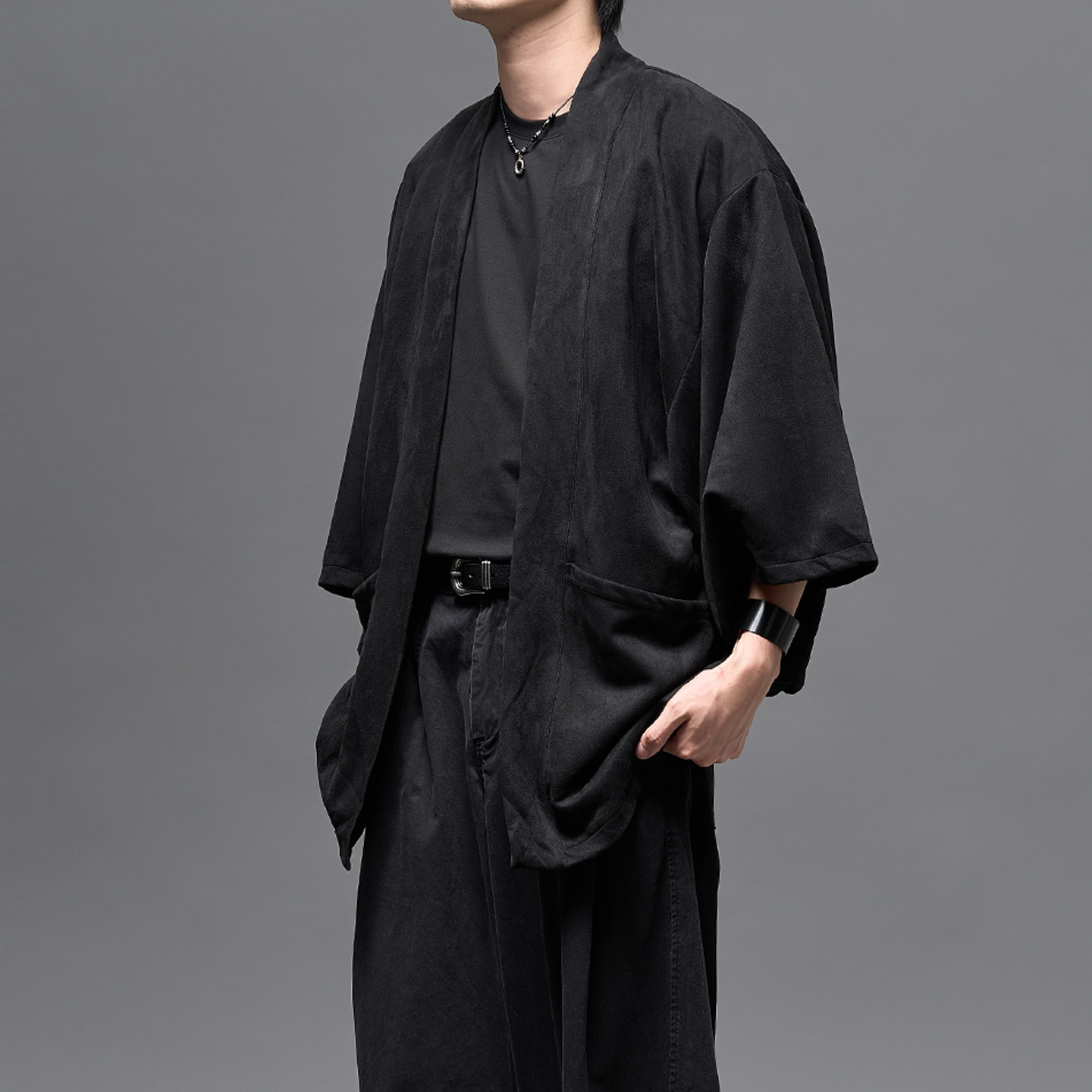 日系复古中长款道袍开衫男女生秋冬国风黑色道袍宽松夹克休闲外套