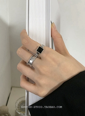 冷淡风高级开口可调节两件套戒指女ins潮小众复古黑色系食指指环